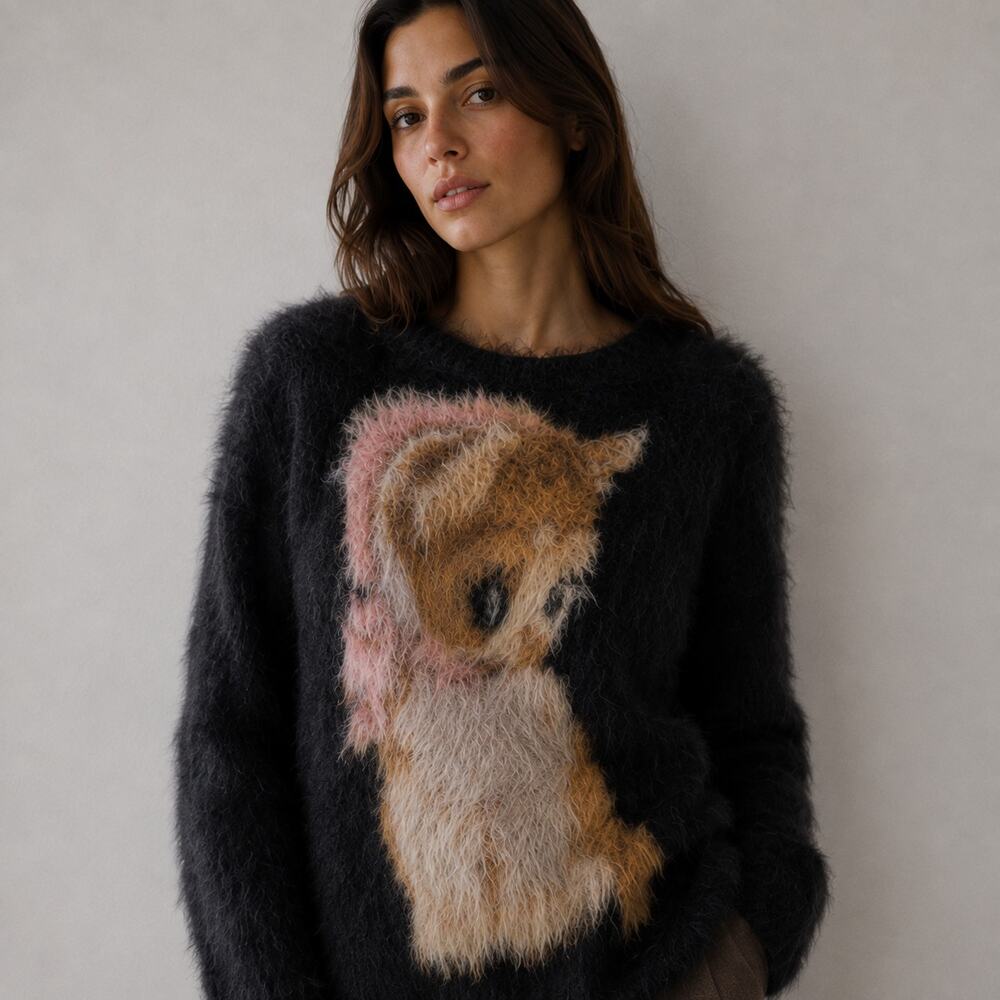 Prod Bldg Kitty Fluffy Sweater Womens S Black Knit Long Sleeve Oversized